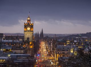 The Balmoral Hotel clock tower and Princes Street seen from Calton Hill