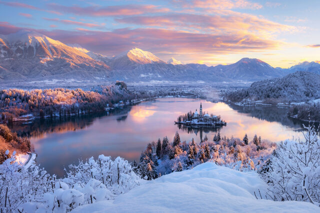 Winter, snowy mountains, Bled, Castle