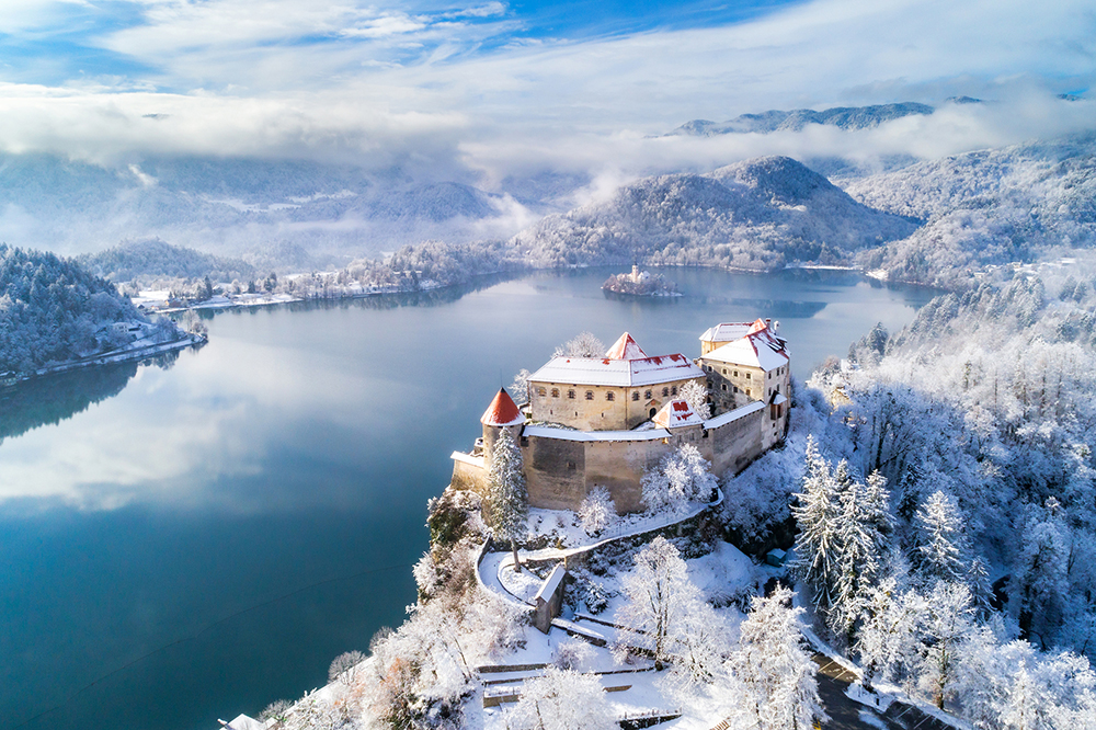 A winter's morning, snowy mountains, Castle in winter