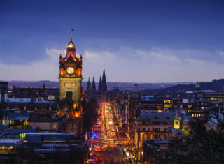 The Balmoral Hotel clock tower and Princes Street seen from Calton Hill