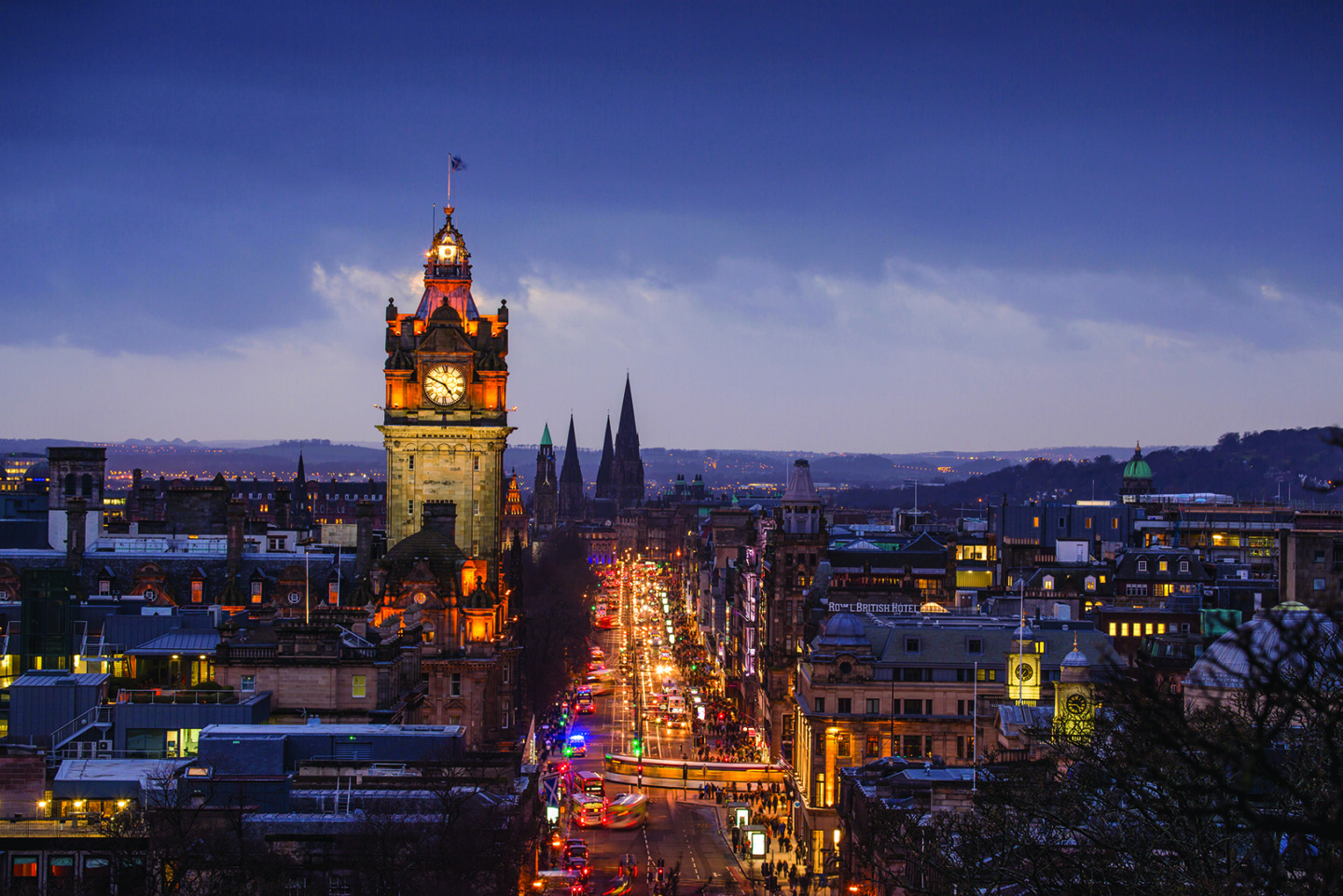 The Balmoral Hotel clock tower and Princes Street seen from Calton Hill