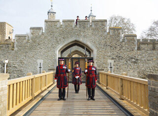 Yeoman Warders stand by the Middle Drawbridge in Tower of London
