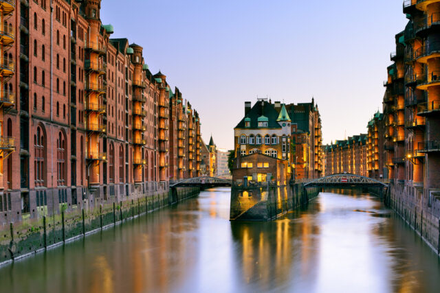 Speicherstadt, Hamburg's warehouse district, in the evening
