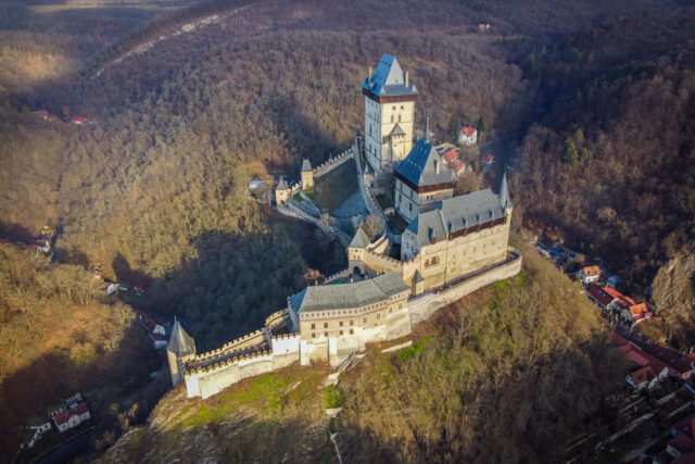 Exterior of Karlštejn Castle on a hillside