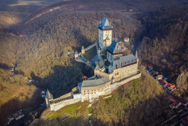 Exterior of Karlštejn Castle on a hillside