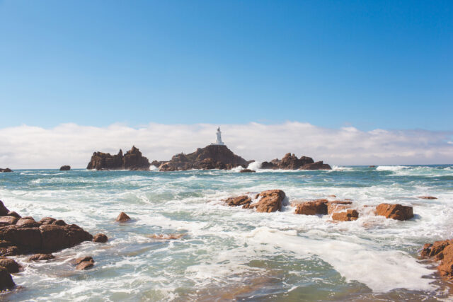 La Corbiere on a sunny day with a choppy high tide
