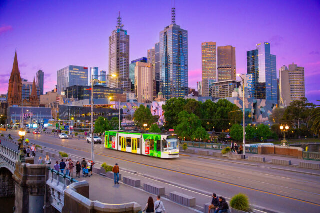 Melbourne, Tram, Skyline, Buildings, Bridge