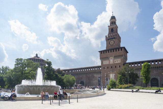 Castle in Milan with fountain in the foreground
