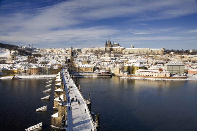 Prague, Czech Republic, Bridge, Snow, River