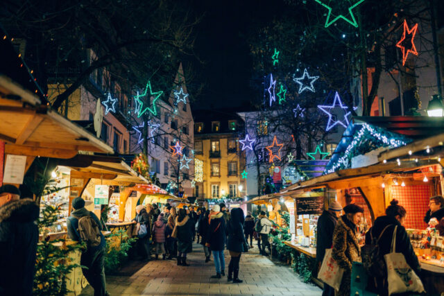 Christmas decorations and market