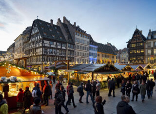 Christmas market illuminated at night