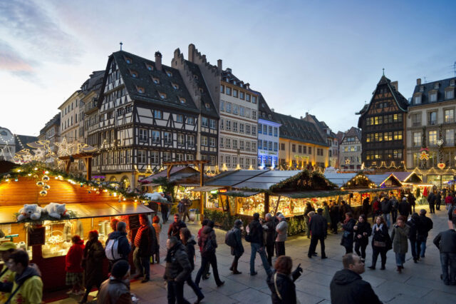 Christmas market illuminated at night