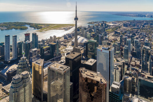 Aerial view of Toronto's skyline and the Financial District, with Lake Ontario
