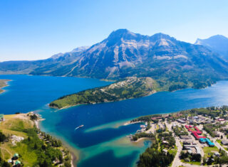 View of the lakes and mountains around Waterton