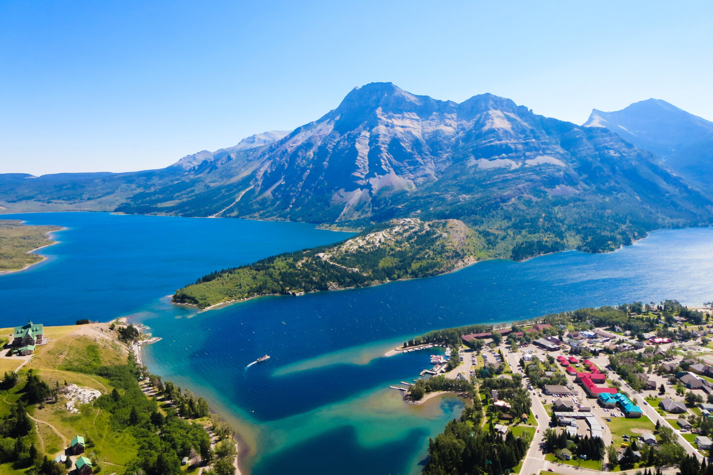 View of the lakes and mountains around Waterton