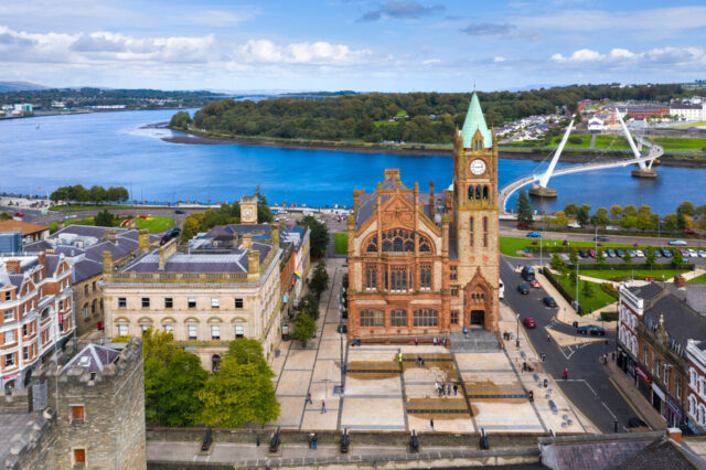 Peace Bridge, Guildhall and Foyle Bridge in Derry