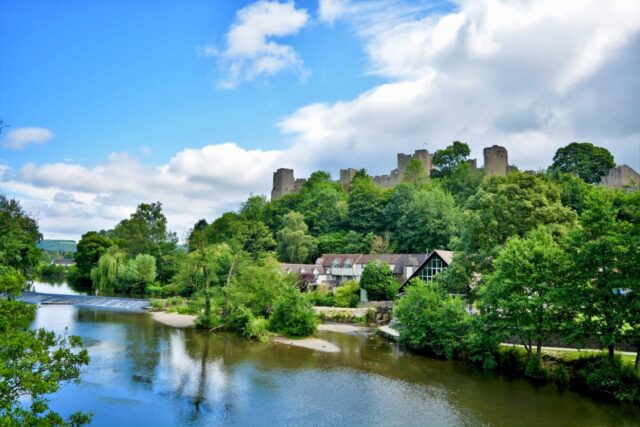 River Teme in foreground and town on the hillside