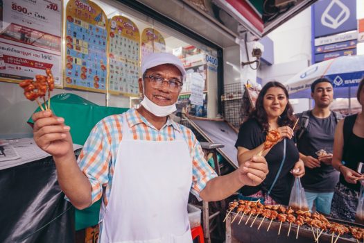 Bangkok, Thailand, Asia - Street food-kebab - Intrepid Travel - Real food adventure © Photography by Damien Raggatt-Intrepid Group-Source Intrepid Travel