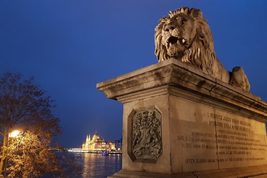 Hungary, Budapest, Chain Bridge, Parliament, Lion. Group Travel NCN