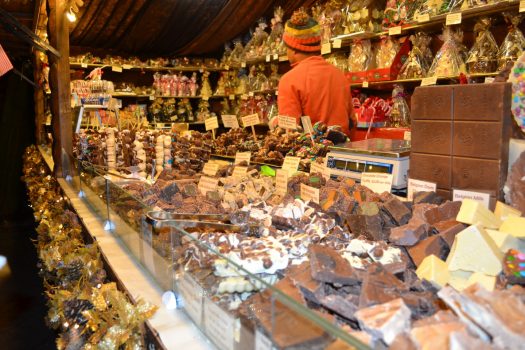 Chocolate stalls at Manchester Christmas Markets