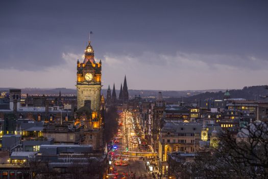 The Balmoral Hotel clock tower and Princes Street seen from Calton Hill