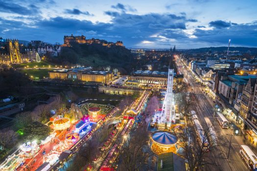Edinburgh, Scotland - View of Edinburgh Castle and Christmas Market from the Scott Monument (02) © VisitScotland, Kenny Lam EXPIRES 3.12.2021