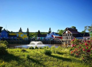 Moncton, New Brunswick, Canada - Wharf Village buildings and fountain