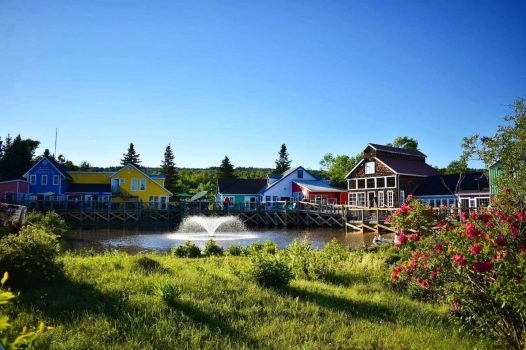 Moncton, New Brunswick, Canada - Wharf Village buildings and fountain