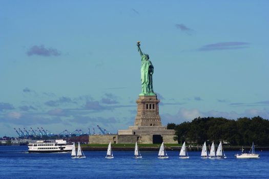 The statue of Liberty across the water